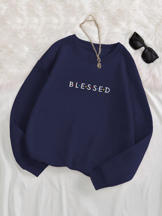 "Blessed" Letter Embroidered Crewneck Sweatshirt