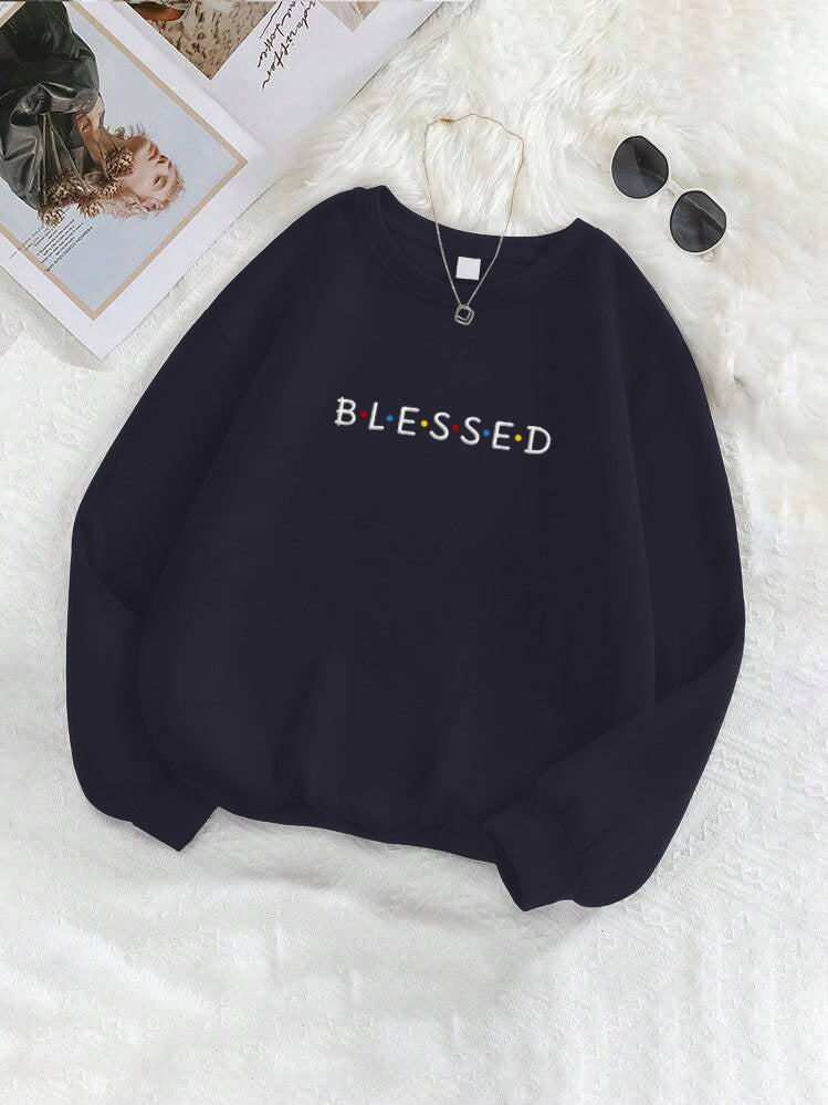 "Blessed" Letter Embroidered Crewneck Sweatshirt