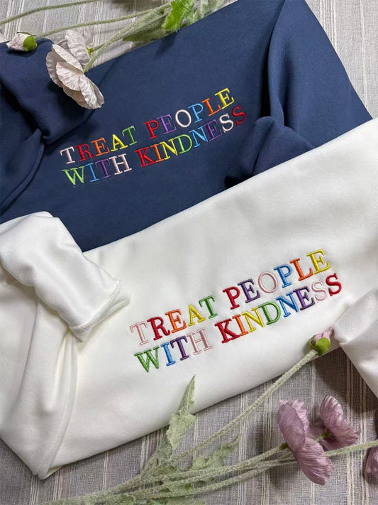 "Treat People With Kindness" Letter Embroidered Crewneck Sweatshirt