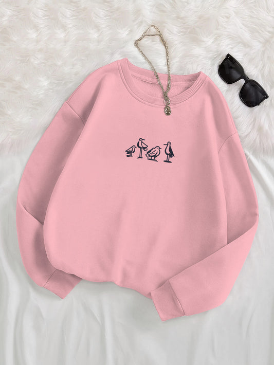 Lovely Gruidae Birds Embroidered Crewneck Sweatshirt