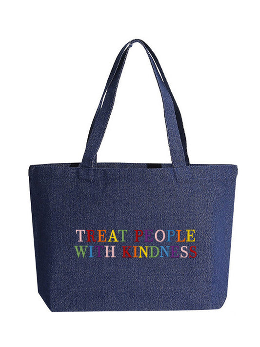 "Treat People With Kindness" Letter Embroidered Denim Bag