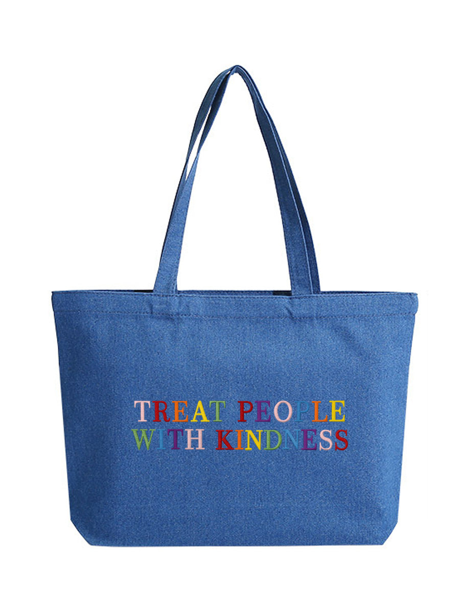 "Treat People With Kindness" Letter Embroidered Denim Bag