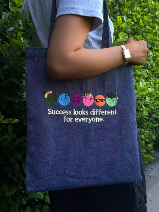 "Success Looks Different For Everyone" Healing Art Embroidered Denim Bag
