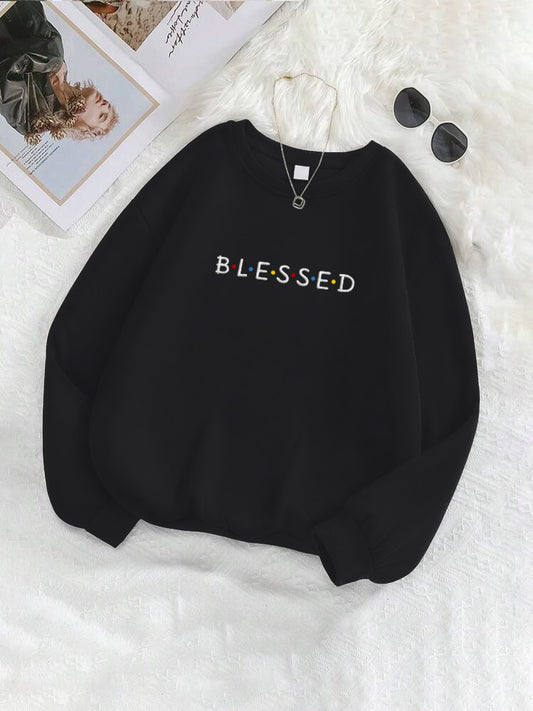 "Blessed" Letter Embroidered Crewneck Sweatshirt