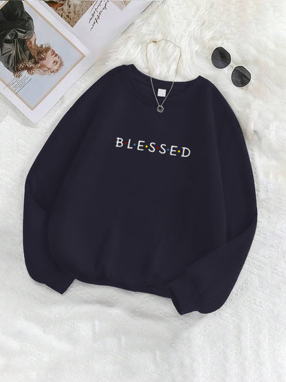 "Blessed" Letter Embroidered Crewneck Sweatshirt