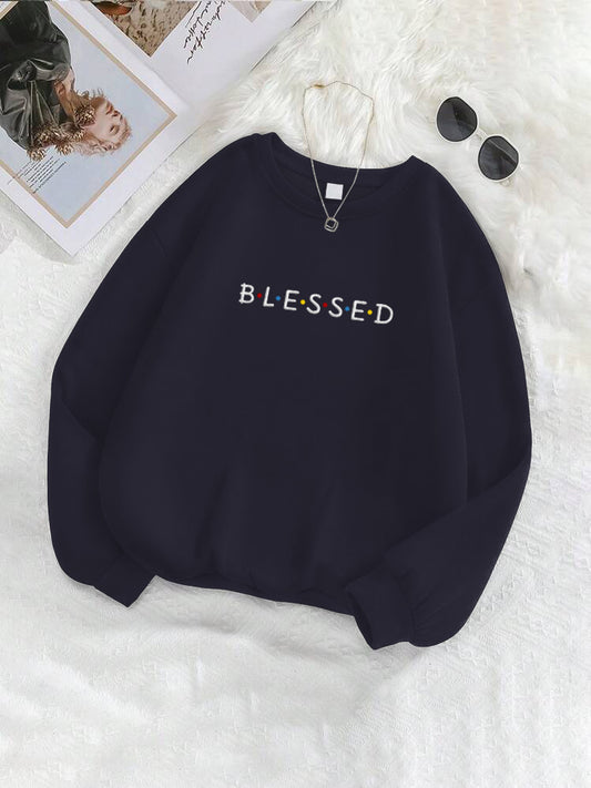 "Blessed" Letter Embroidered Crewneck Sweatshirt