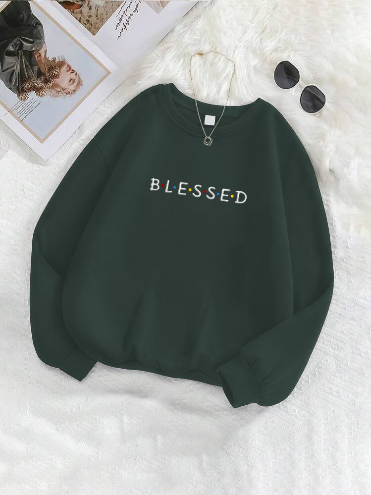 "Blessed" Letter Embroidered Crewneck Sweatshirt