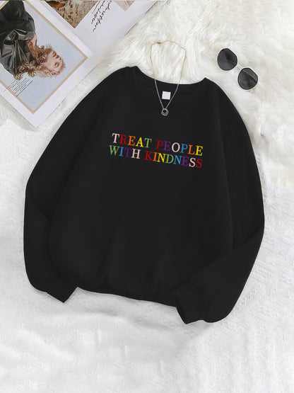 "Treat People With Kindness" Letter Embroidered Crewneck Sweatshirt