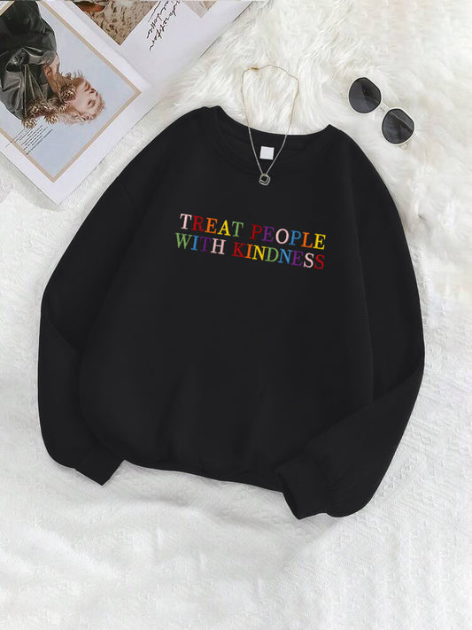 "Treat People With Kindness" Letter Embroidered Crewneck Sweatshirt