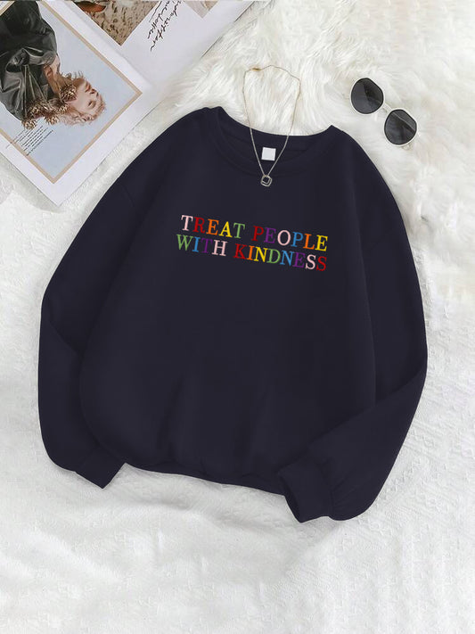 "Treat People With Kindness" Letter Embroidered Crewneck Sweatshirt