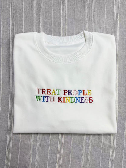 "Treat People With Kindness" Letter Embroidered Crewneck Sweatshirt