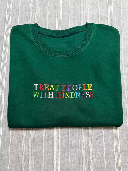 "Treat People With Kindness" Letter Embroidered Crewneck Sweatshirt