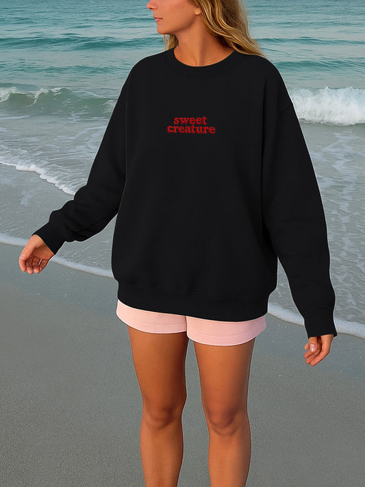 “Sweet Creature” Letter Embroidered Crewneck Sweatshirt