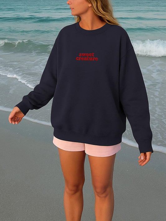 “Sweet Creature” Letter Embroidered Crewneck Sweatshirt