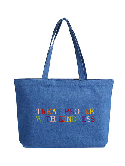"Treat People With Kindness" Letter Embroidered Denim Bag