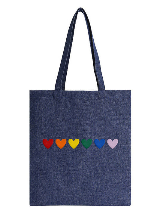 Rainbow Hearts Embroidered Denim Bag