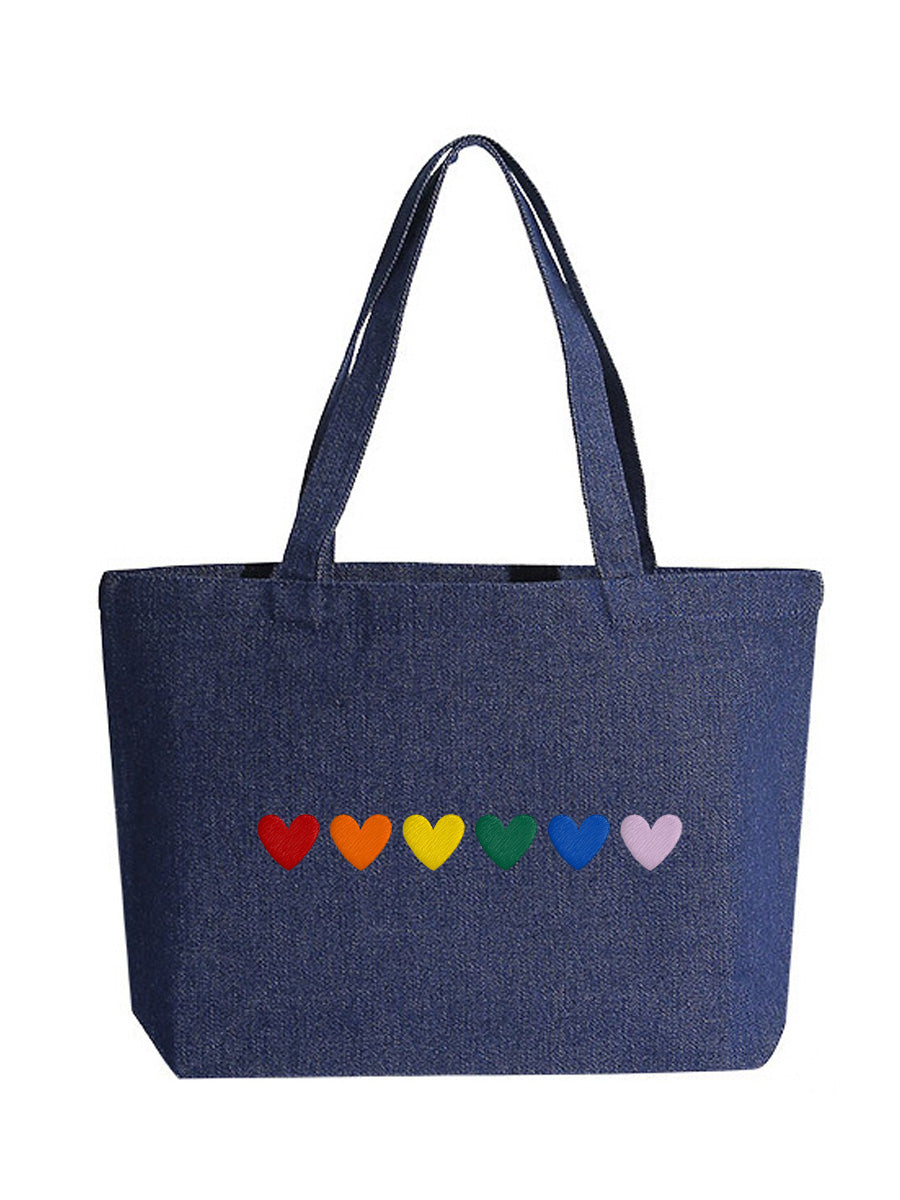 Rainbow Hearts Embroidered Denim Bag