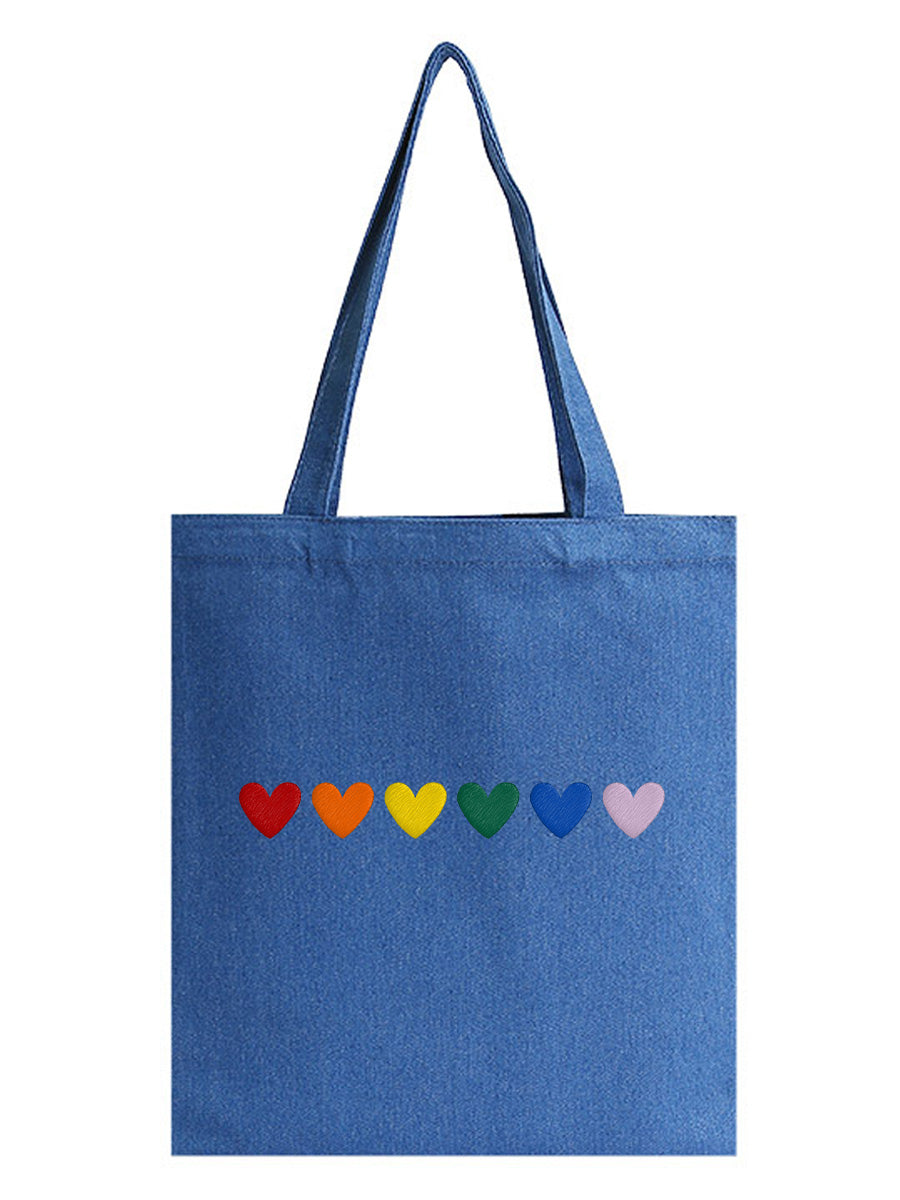 Rainbow Hearts Embroidered Denim Bag