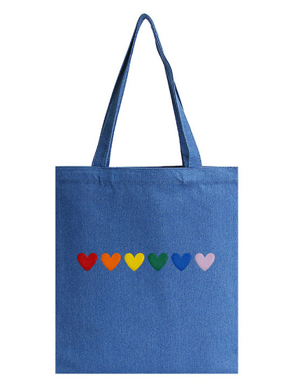 Rainbow Hearts Embroidered Denim Bag