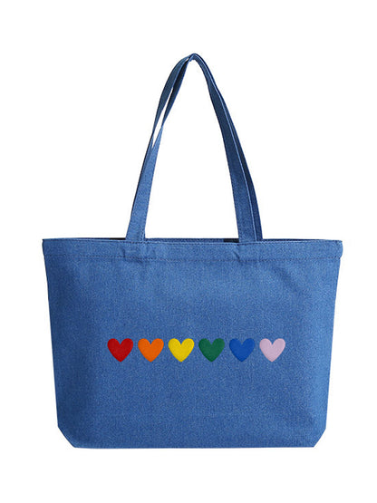 Rainbow Hearts Embroidered Denim Bag