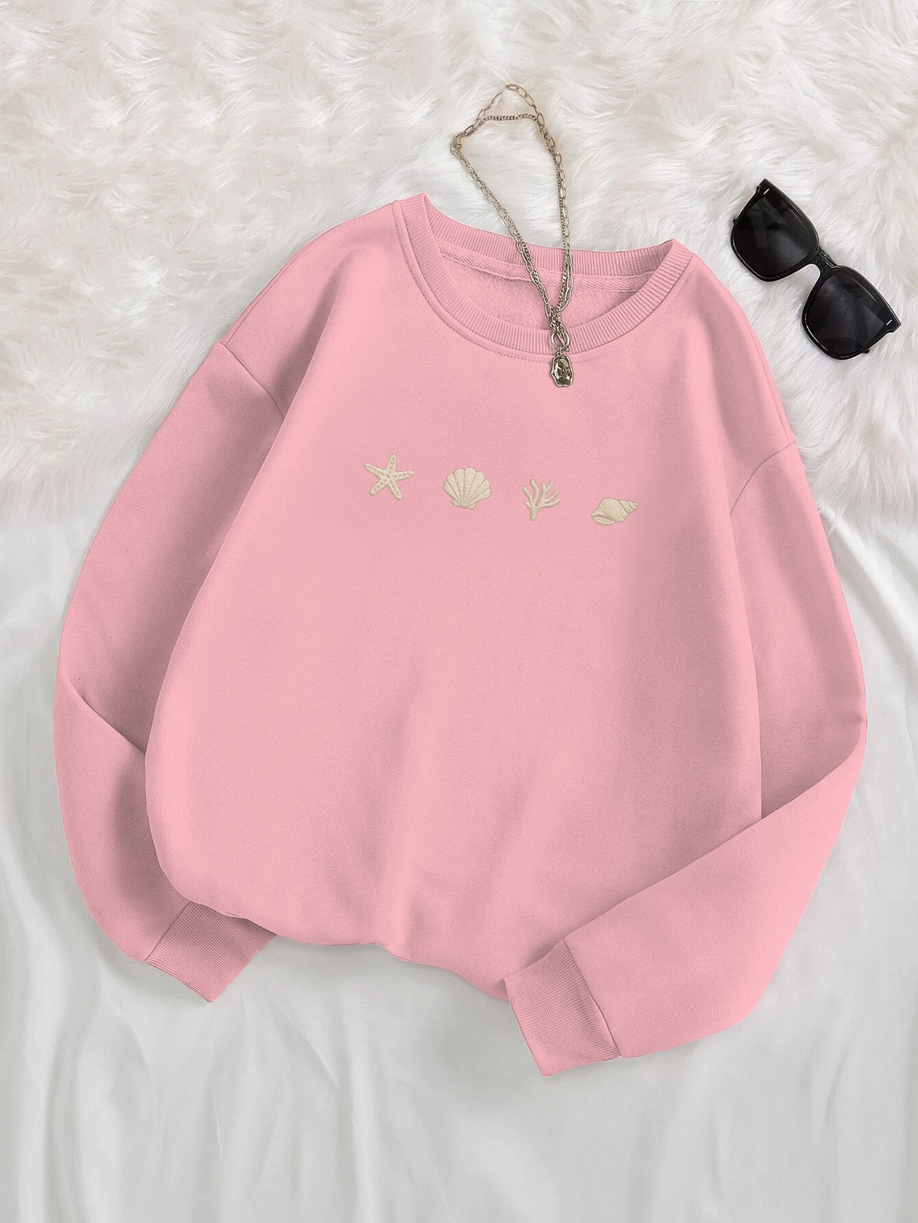 Seashell And Coral Embroidered Crewneck Sweatshirt