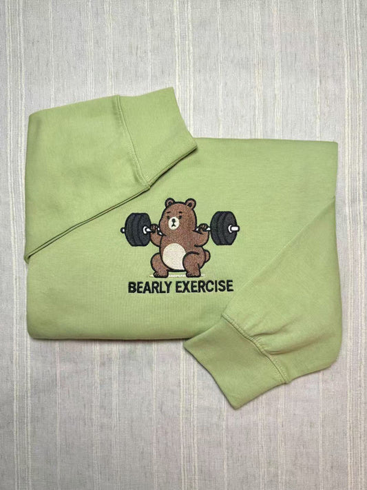 "Bearly Exercise" Funny Homonym Joke Embroidered Crewneck Sweatshirt