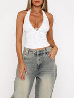 Lace-Up Bow Strapless Halter Neck Tank Top