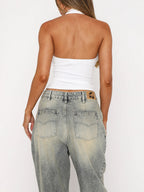 Lace-Up Bow Strapless Halter Neck Tank Top
