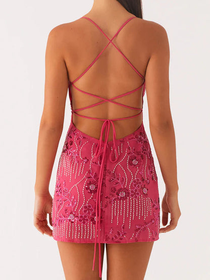 Women's Sequin Embroidered Backless Dress