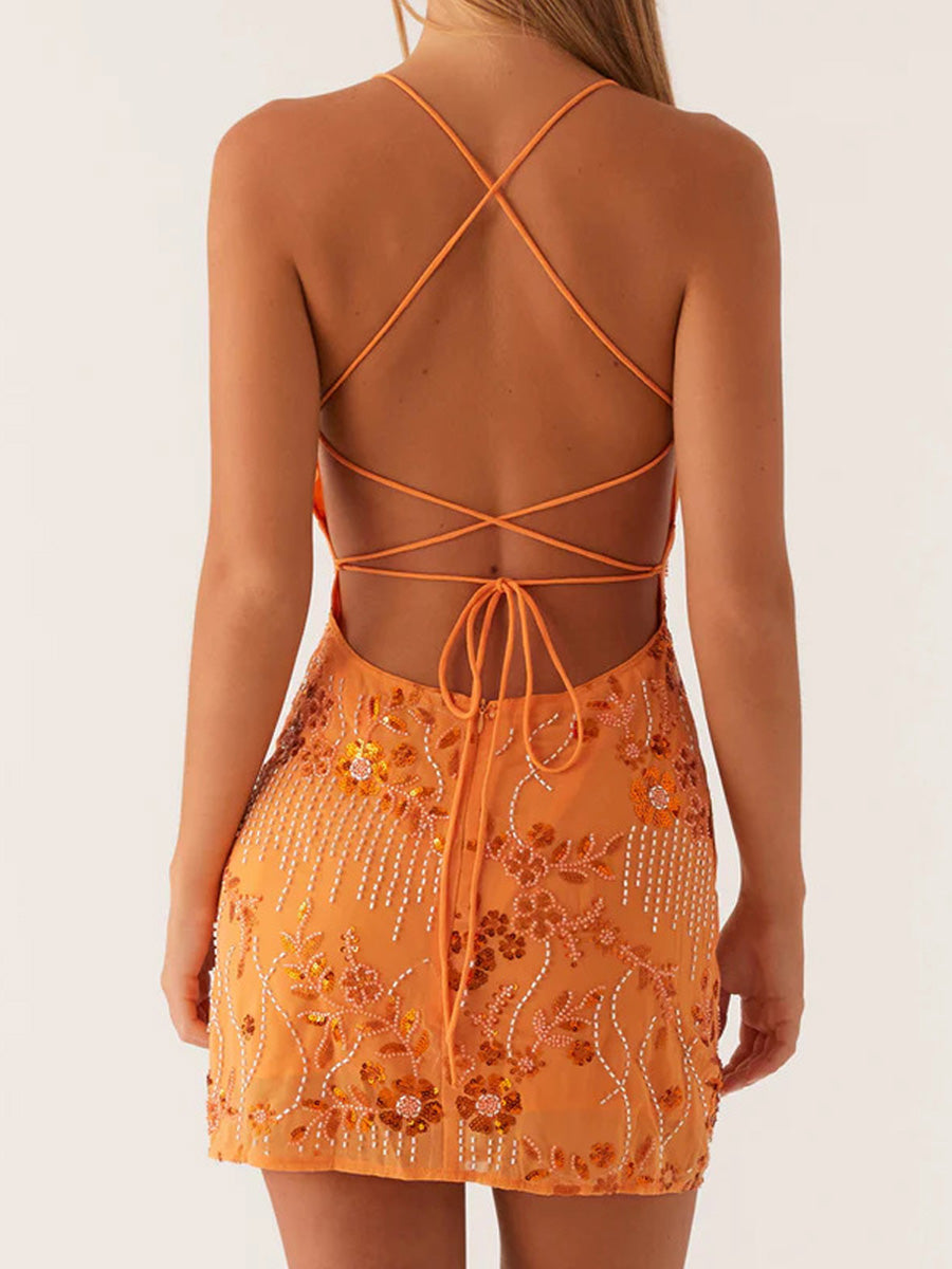 Women's Sequin Embroidered Backless Dress