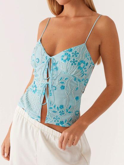 Women's Sequin Embroidered Back Tie Vest